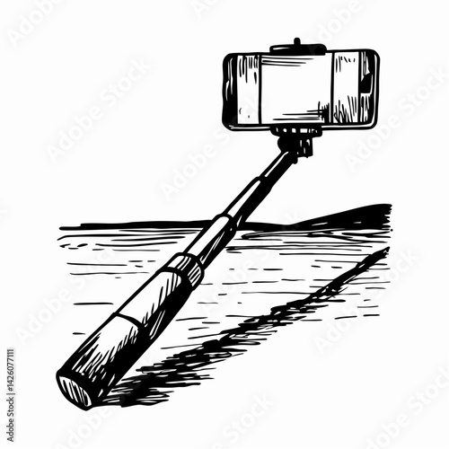 Selfie Stick with Smartphone Capturing Moments by the Shoreline, Representing Modern Communication and Self-Expression