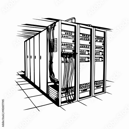 Black and white illustration of a server rack showing intricate connections and panels in a data center environment representing technology and digital infrastructure.