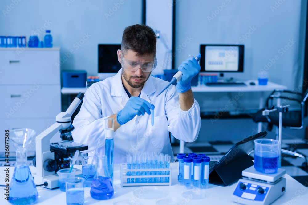 Fototapeta premium Chemist scientist holding test tube conducting experiment in laboratory with equipment.