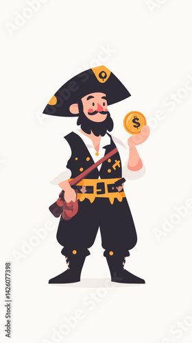 Minimalist Pirate Holding Golden Coin Vector Illustration in Flat Style