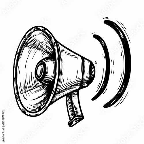 Hand-drawn megaphone emitting sound waves in black and white, representing communication, announcements, and amplification of messages.