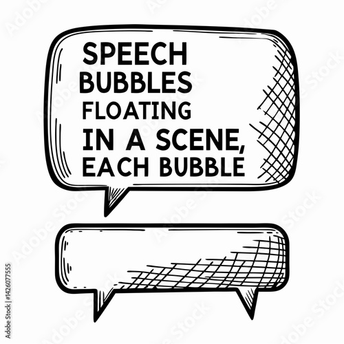 Stylized speech bubbles floating in a scene, each bubble representing dialogue, creativity, and communication in artistic expression.