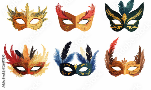 Festival Feathered Masquerade Masks Set with Minimalist SVG Design for Carnival