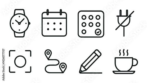 Essential daily icons set: time, calendar, planner, and more in linear style