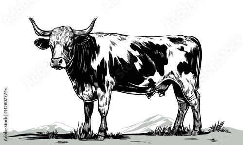 Alpine Cow Hand Drawn Engraving Style Vector Illustration for Minimalist Design
