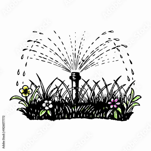 Lawn sprinkler watering grass and flowers, creating a refreshing garden scene that represents hydration and outdoor beauty.