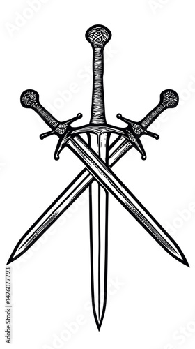 Crossed Swords Engraving Black and White Minimalist Vector Design
