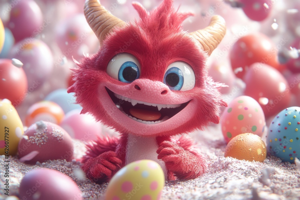 Obraz premium Cute dragon character celebrating Easter among colorful eggs in a vibrant, joyful setting full of pastel colors
