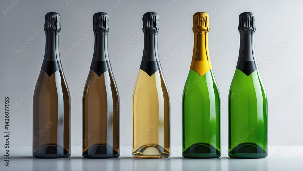Three isolated shiny champagne bottles in green with white labels Three isolated shiny champagne bottles in green with white labels