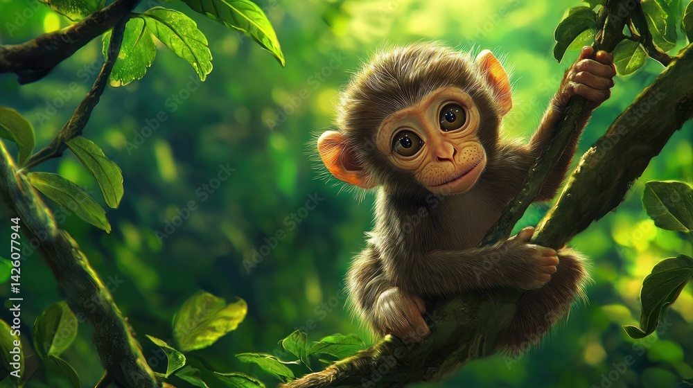 Obraz premium Adorable baby monkey clinging to branch in lush jungle; ideal for children's books