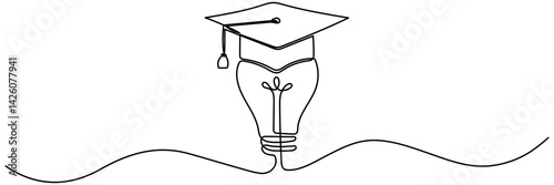 Lightbulb with graduation cap continuous line drawing. Creative smart idea concept. Vector illustration isolated on white.