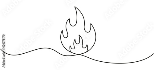 Burning fire flame continuous line drawing. Vector illustration isolated on white.