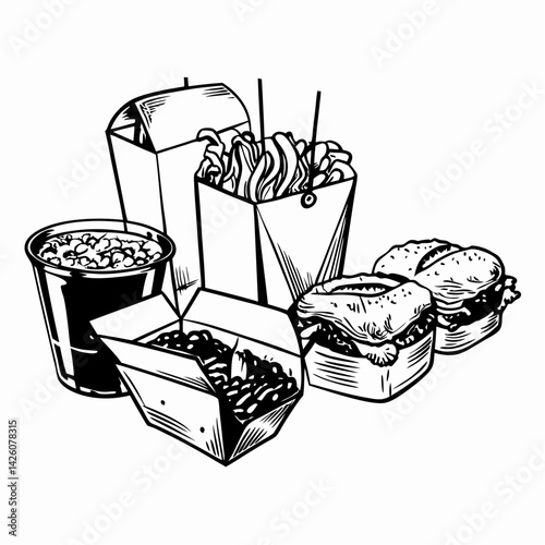 Delicious takeout food assortment showcasing various dishes in a casual dining setting, representing fast food enjoyment and culinary diversity.