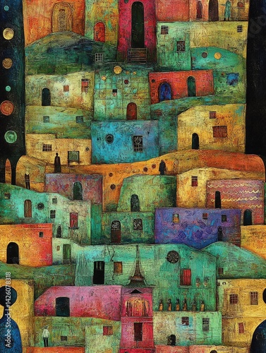 Colorful buildings stacked in a village or town artistic rendering.