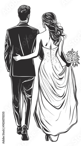 Elegant Bride and Groom Walking Arm in Arm Vector Illustration for Weddings
