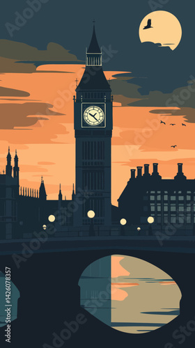 Big Ben at Sunset Minimalist Vector Illustration of London Icon