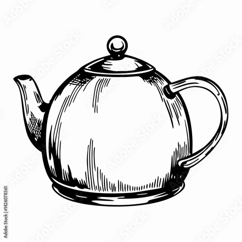 Vintage-style teapot illustration features elegant curves and handle, representing traditional tea culture and serving as a home decor element.