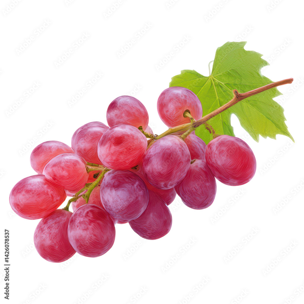 Fototapeta premium Fresh Red Grapes on Branch with Green Leaf Isolated on White Background, isolated on transparent background.
