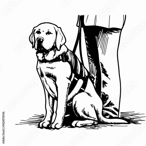 Service dog sitting patiently next to their owner wearing a harness in a minimalist illustration, representing loyalty and assistance in everyday life.