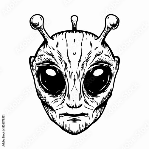 Alien face illustration featuring large eyes and antennae, set against a minimalistic background, symbolizing extraterrestrial life and creativity.