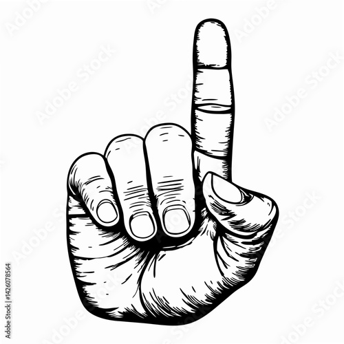 Hand gesture showing a raised index finger indicating "number one," simple black and white line art, symbolizing importance or priority.