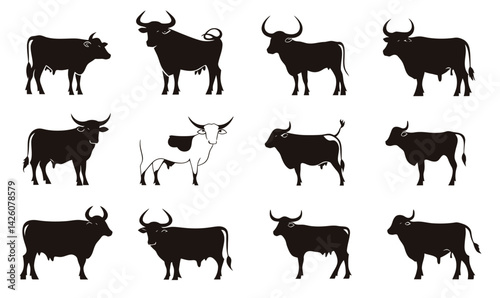 Stylized Bull and Cow Silhouette Set for Premium Logo Design Concepts