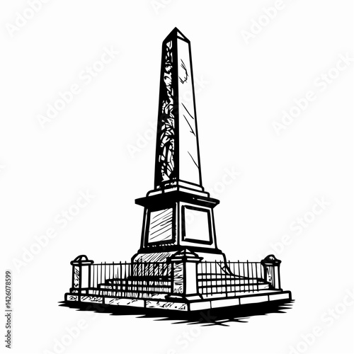 Monument illustration showing erect obelisk with intricate carvings surrounded by fencing representing remembrance and history.