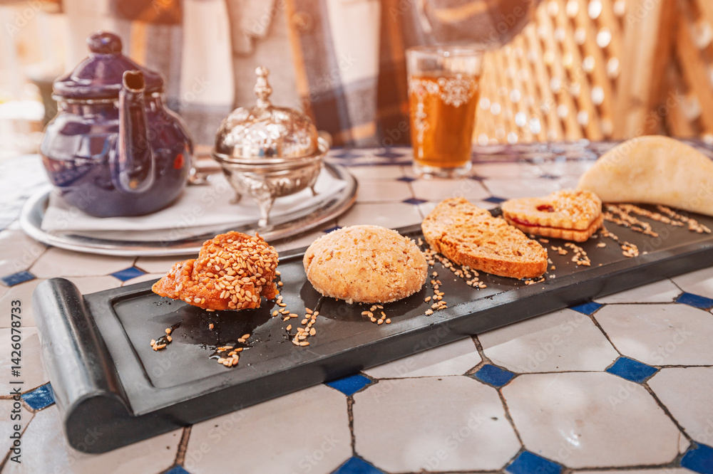 Selection of traditional moroccan pastries served with mint tea in a riad in Marrakech, Morocco