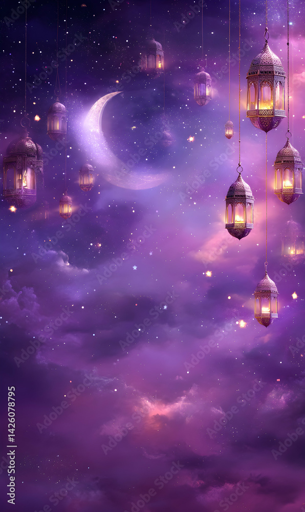 Enchanting crescent moon and shining lanterns amidst a dreamy starry sky illustration Enchanting crescent moon and shining lanterns amidst a dreamy starry sky illustration