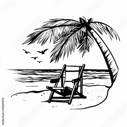 Relaxing Beach Scene with Deck Chair Under Palm Tree Surrounded by Waves and Flying Birds, Representing Tranquility and Vacation Vibes