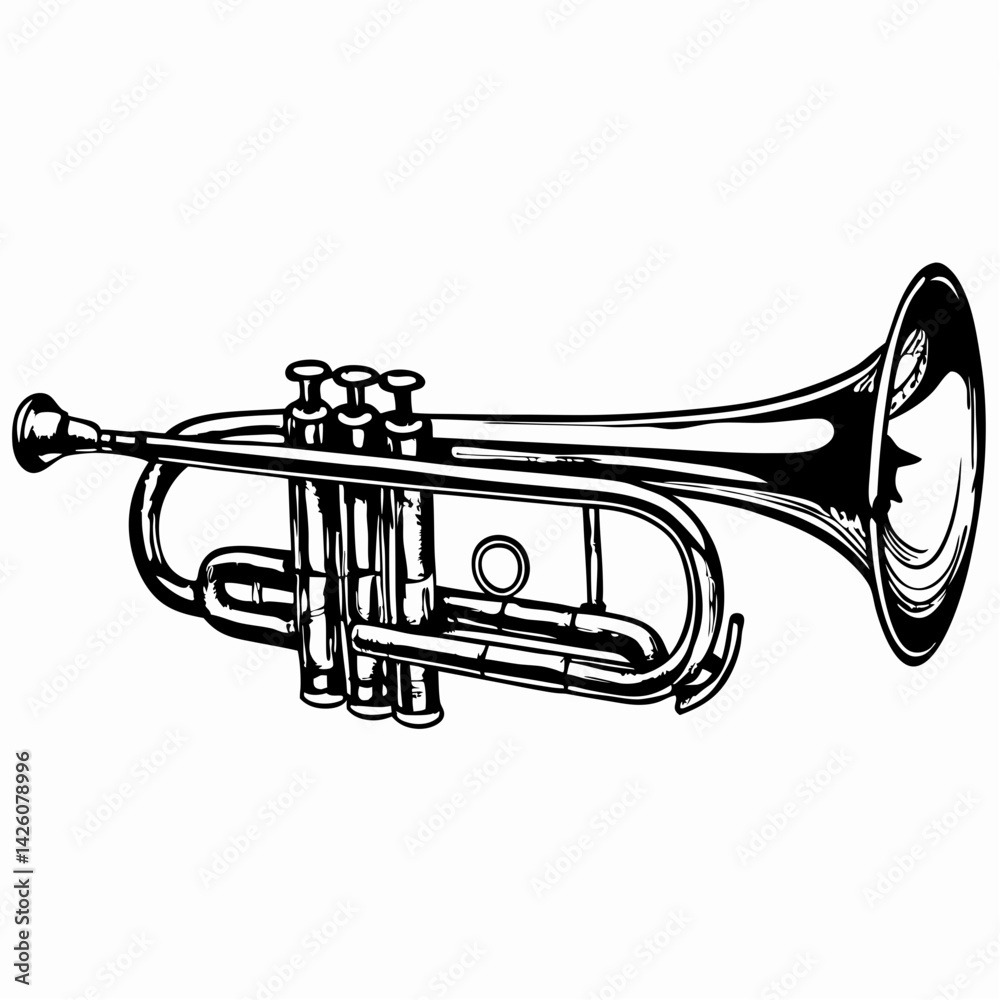 Obraz premium A detailed illustration of a trumpet showcasing its metallic design and craftsmanship, symbolizing music and artistic expression in vibrant settings.