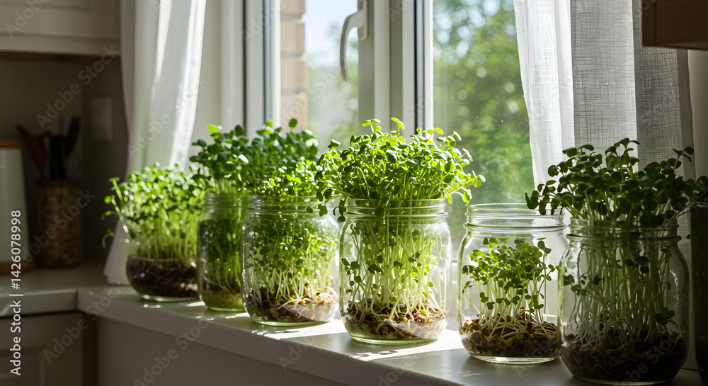 Fototapeta premium Vibrant Microgreens Growing in Glass Jars on a Sunny Windowsill Display