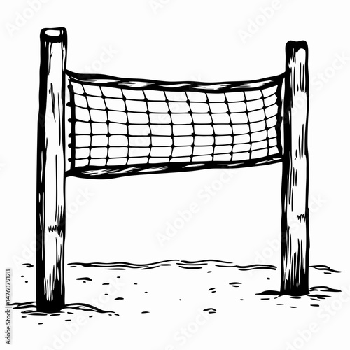 Wooden volleyball net illustration on a sandy beach background representing sports, competition, and summer fun.