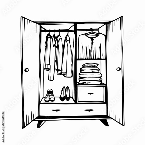 A stylish wardrobe featuring organized clothes and shoes, set against a minimalist background, representing order and personal expression in fashion.