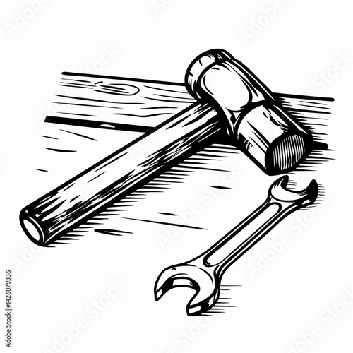 Classic Hammer and Wrench Tools on Wooden Surface | Vintage Style | Represents Crafts, Repairing, and DIY Projects