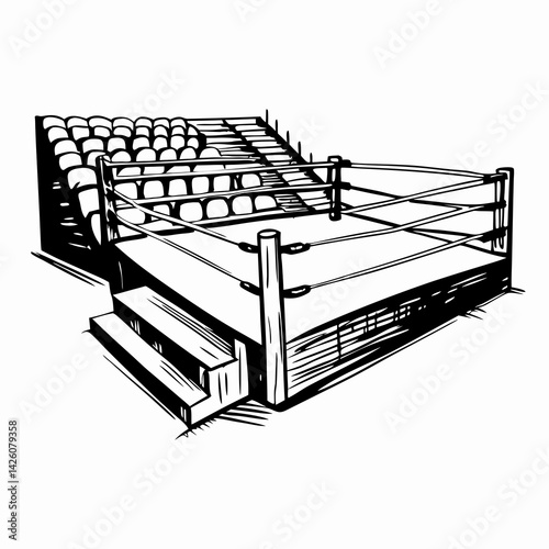 Wrestling ring illustration showcasing the intense arena setup with seating in the background, representing sports entertainment and competition.