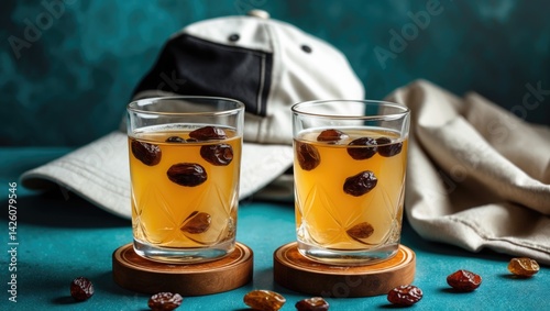 Two glasses of homemade mead or beverage with raisins, traditional style