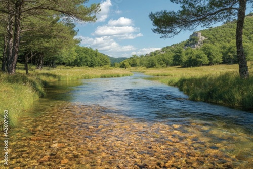 Flowing river surrounded by lush greenery with distant castle ruins under a blue sky in a serene natural landscape