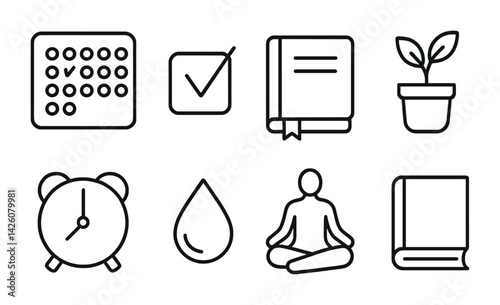 Minimalist linear icon set: calendar, checkmark, book, plant, clock, water drop, meditation