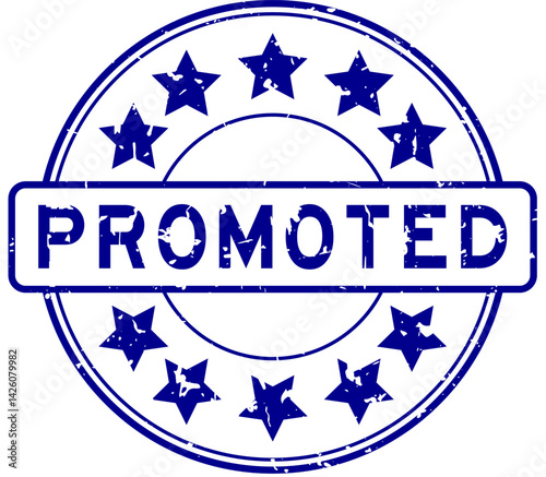 Grunge blue promoted word with star icon round rubber seal stamp on white background