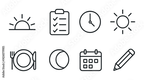 Weather and productivity linear icons set: sun, clock, calendar, checklist, pencil