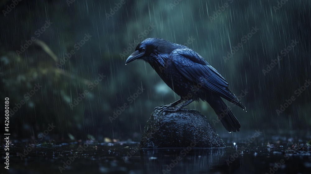 Obraz premium Majestic Raven Perched on Dark Rock in Heavy Rain Dramatic Nature Photography Moody Atmosphere Wild Bird Wildlife Scene Dark Feathers Rainy Day Solitary Bird Black Bird Nature Image Rainy Weather 