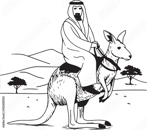 Stylized black and white drawing of a Middle Eastern man riding a kangaroo across a desert with minimalist line work mountains and cactus in the background