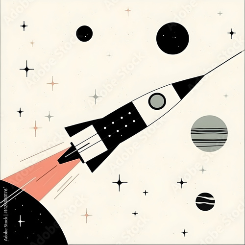 Retro rocket launching into space, planets and stars in background;  perfect for startup, innovation, or space exploration concepts