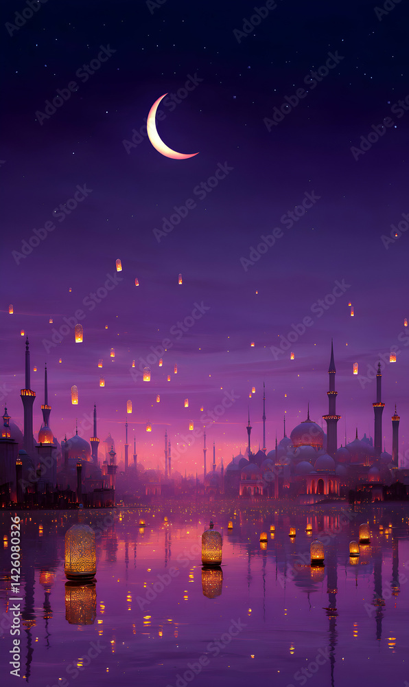 Fototapeta premium Ethereal cityscape illuminated by lanterns and crescent moon reflecting on tranquil waterscape