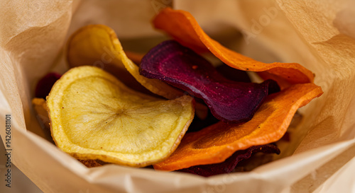 Assorted Vegetable Chips Served Inside a Brown Paper Packaging Close Up