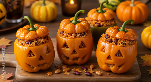 Festive Halloween Jack O Lantern Stuffed Peppers Ready For Delicious Meal
