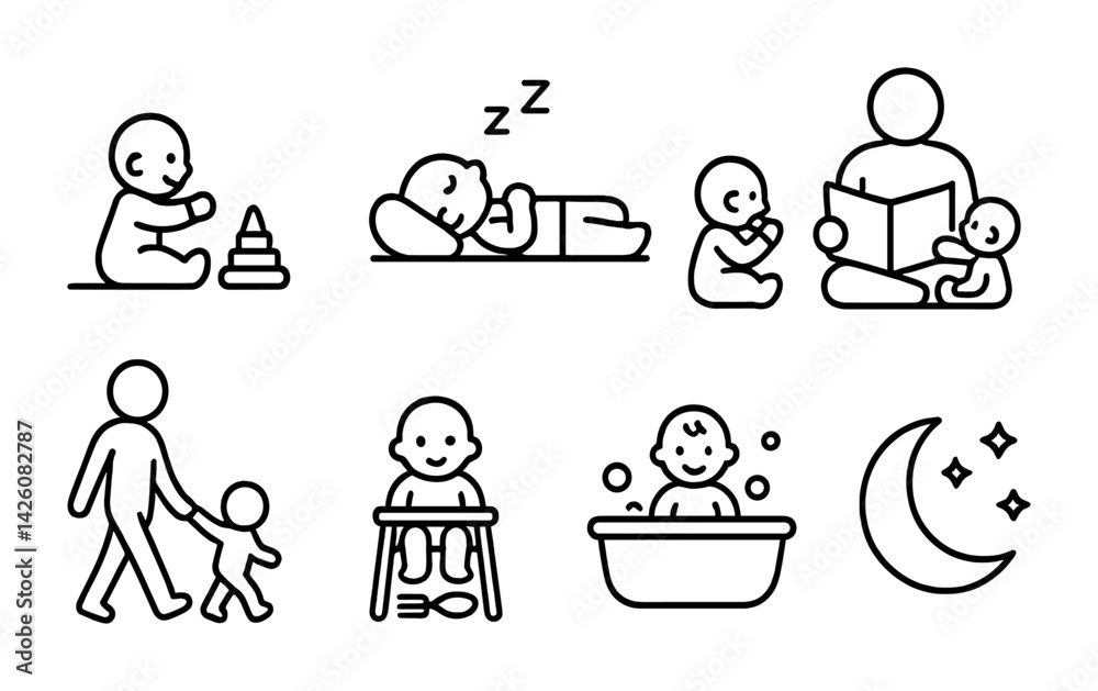 Linear baby care icon set: play, sleep, reading, walking, feeding, bath, night sky