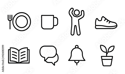 Minimalist linear icon set: dining, fitness, reading, communication, alert, nature