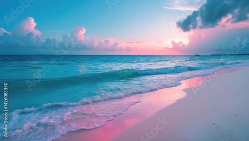 Fototapeta Naklejka Na Ścianę i Meble -  Idyllic tropical coastline with turquoise water, white sands, and a colorful sky over the Dominican Republic